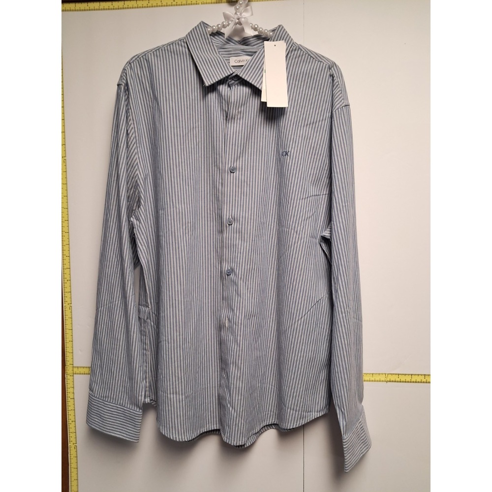 Calvin‎ Klein Mens NWT Blue Striped Long Sleeve Botton Down Shirt-Size Large